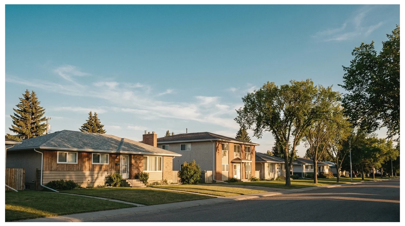 A quiet Central Alberta residential street at golden hour — the modest single-family homes and small multi-family doors that make up Bryce's market.
